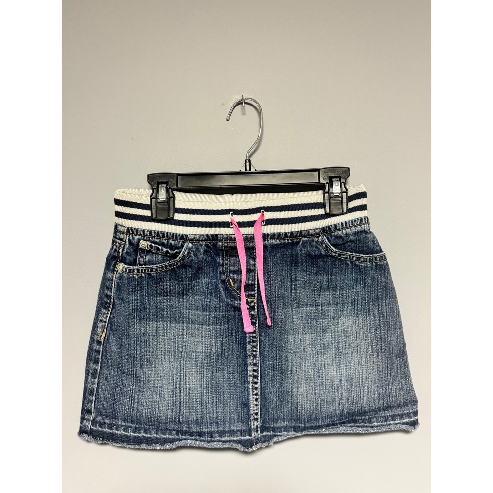 Mini Boden Girls Denim Skirt Blue Medium Wash Striped Waistband‎ Size 7-8Y 32351
